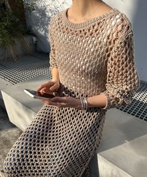ローゲージ透かし編みニットワンピース