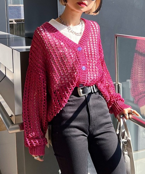 PAGEBOY（ページボーイ）の「MIXメッシュショートカーディガン（カーディガン/ボレロ・レディース・ブラック/オフホワイト/コーラル・FREE）」の3枚目の写真