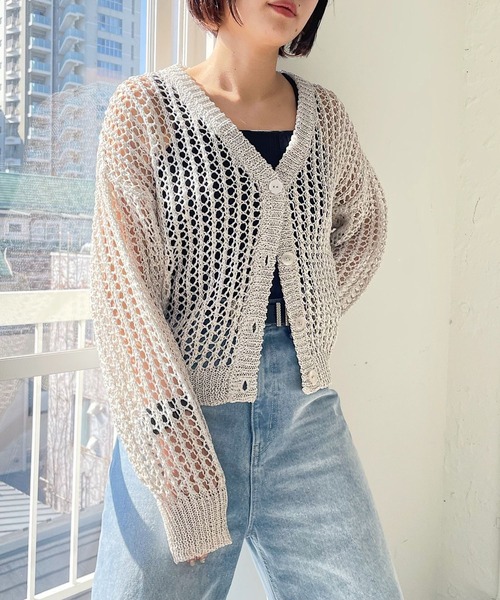 PAGEBOY（ページボーイ）の「MIXメッシュショートカーディガン（カーディガン/ボレロ・レディース・ブラック/オフホワイト/コーラル・FREE）」の4枚目の写真