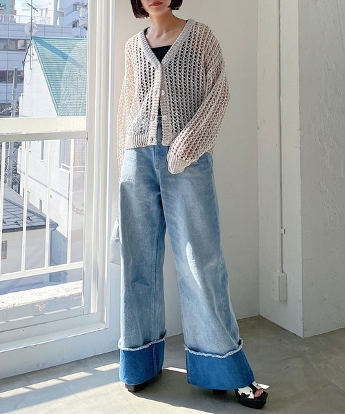 PAGEBOY（ページボーイ）の「MIXメッシュショートカーディガン（カーディガン/ボレロ・レディース・ブラック/オフホワイト/コーラル・FREE）」の5枚目の写真