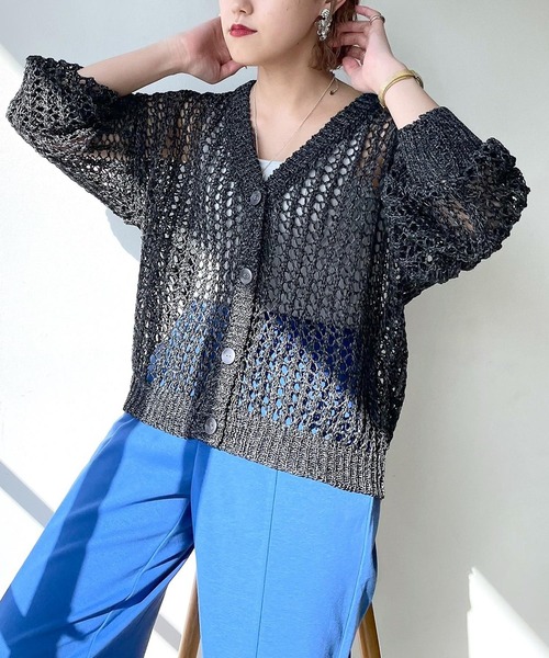 PAGEBOY（ページボーイ）の「MIXメッシュショートカーディガン（カーディガン/ボレロ・レディース・ブラック/オフホワイト/コーラル・FREE）」の6枚目の写真