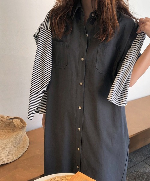 VitaFelice（ヴィータフェリーチェ）の「ロングシャツワンピース（ワンピース・レディース・チャコールグレー/ホワイト系その他/イエロー・FREE）」の12枚目の写真