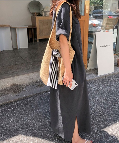 VitaFelice（ヴィータフェリーチェ）の「ロングシャツワンピース（ワンピース・レディース・チャコールグレー/ホワイト系その他/イエロー・FREE）」の16枚目の写真