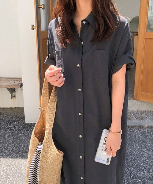 VitaFelice（ヴィータフェリーチェ）の「ロングシャツワンピース（ワンピース・レディース・チャコールグレー/ホワイト系その他/イエロー・FREE）」の15枚目の写真