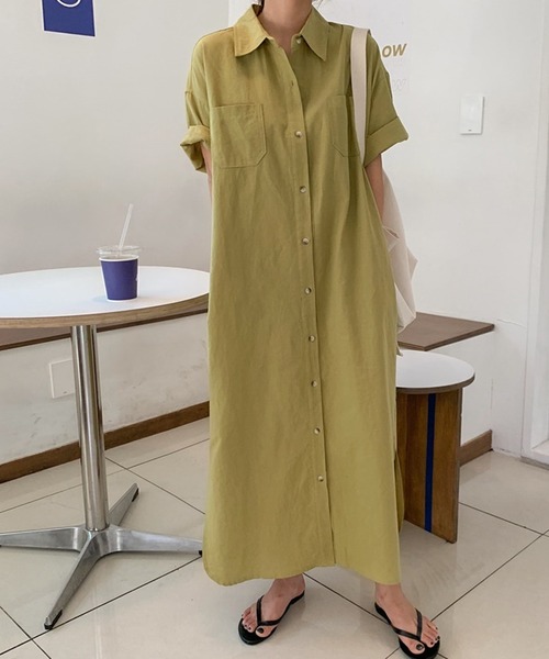 VitaFelice（ヴィータフェリーチェ）の「ロングシャツワンピース（ワンピース・レディース・チャコールグレー/ホワイト系その他/イエロー・FREE）」の19枚目の写真