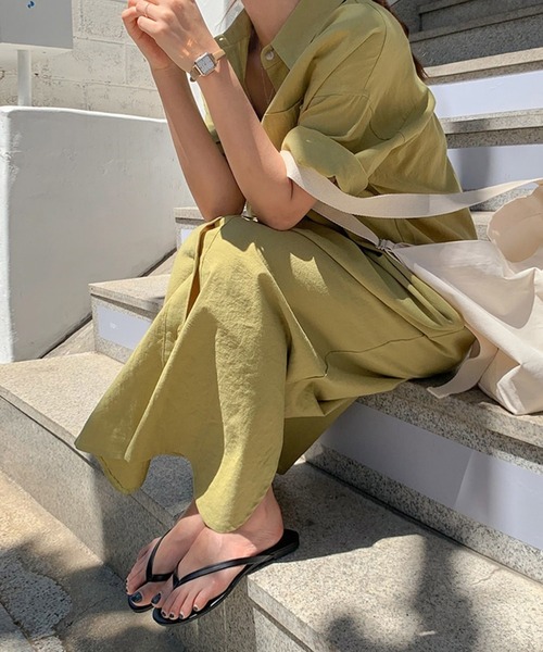 VitaFelice（ヴィータフェリーチェ）の「ロングシャツワンピース（ワンピース・レディース・チャコールグレー/ホワイト系その他/イエロー・FREE）」の8枚目の写真