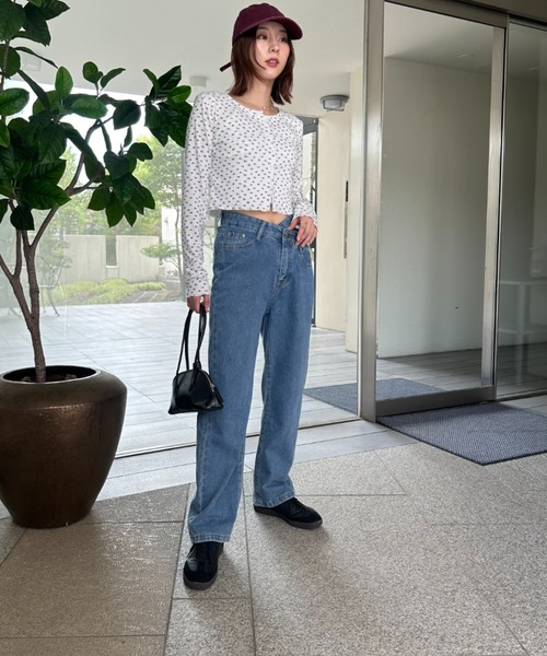 hello lupo ハイウェストデニムパンツ2-3y ハイウエストBOTH SIDE RIPPEDストレートワイドデニムパンツ