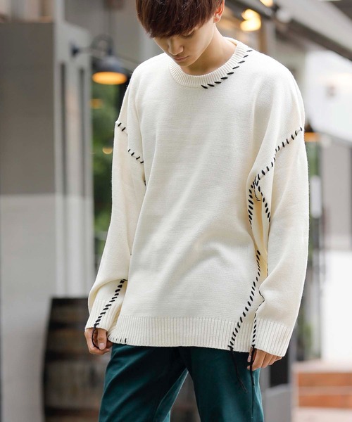 ADMIX/ATELIER SAB MEN（アドミックスアトリエサブメン）の「配色ハンドステッチ / オーバーサイズ クルーネック セーター（ニット/セーター・メンズ・ホワイト/ブラック/グリーン・48/50）」の4枚目の写真
