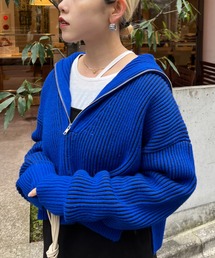 畦編みハーフジップニット/ストライプ