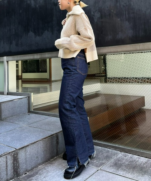 CIAOPANIC（チャオパニック）の「畦編みハーフジップニット/ストライプ（ニット/セーター・レディース・ベージュ/ブラウン/ブルー・ONE SIZE）」の14枚目の写真