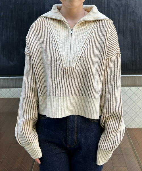 CIAOPANIC（チャオパニック）の「畦編みハーフジップニット/ストライプ