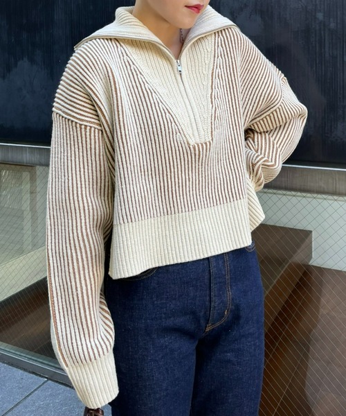 CIAOPANIC（チャオパニック）の「畦編みハーフジップニット/ストライプ（ニット/セーター・レディース・ベージュ/ブラウン/ブルー・ONE SIZE）」の9枚目の写真