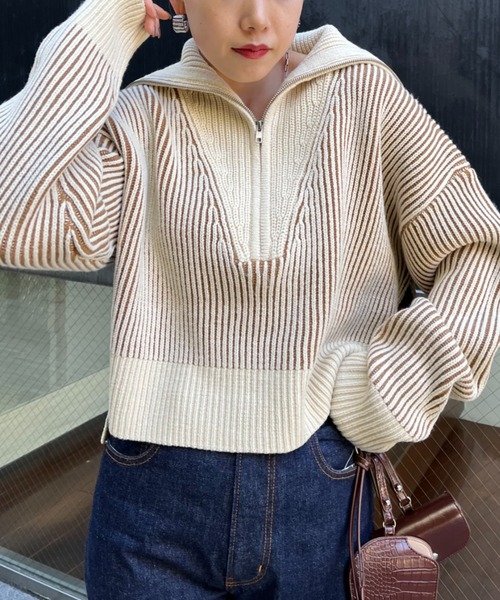 CIAOPANIC（チャオパニック）の「畦編みハーフジップニット/ストライプ（ニット/セーター・レディース・ベージュ/ブラウン/ブルー・ONE SIZE）」の6枚目の写真