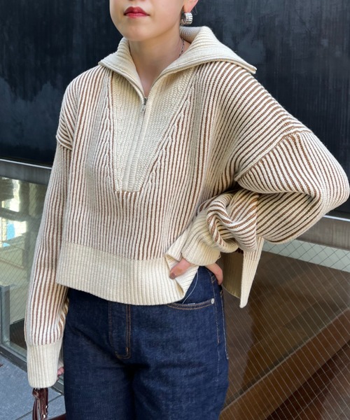 CIAOPANIC（チャオパニック）の「畦編みハーフジップニット/ストライプ