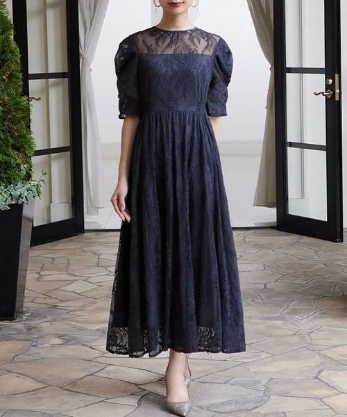 girl（ガール）の「パフスリーブ総レース フレア ロング 結婚式 ワンピース パーティードレス オケージョンドレス お呼ばれ 二次会 成人式 同窓会 謝恩会（ドレス・レディース・ネイビー/ピンク/グレイッシュベージュ/ブルーグレー/グリーン・S/M/L/2L）」の16枚目の写真