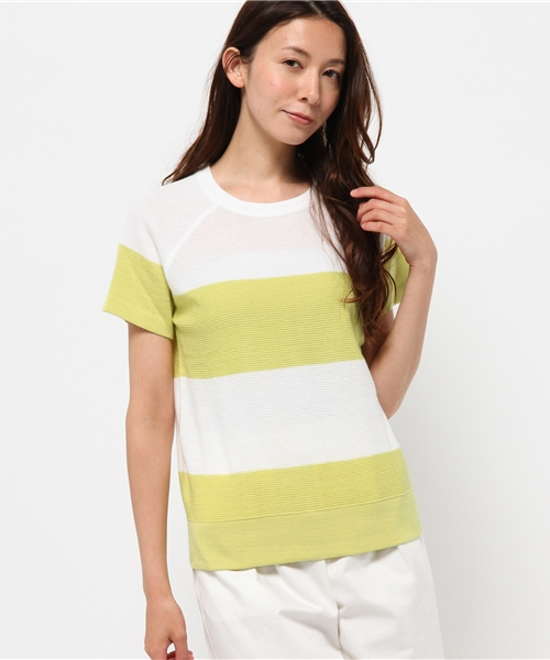 OUTLET（アウトレット）の「【CIAOPANIC TYPY】コットンアクリルニットボーダー半袖P/O（ニット/セーター・レディース・ホワイト/イエロー・FREE）」の2枚目の写真