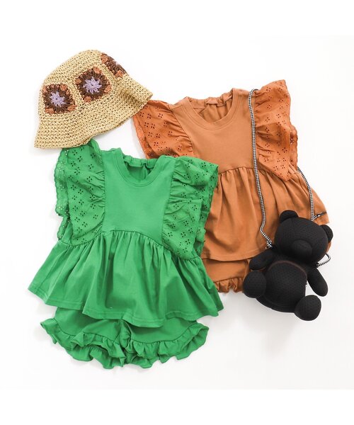 BREEZE（ブリーズ）の「肩フリルサマーセットアップ（セットアップ・キッズ・グリーン/キャメル・80/90/100/110/120/130/140）」の3枚目の写真