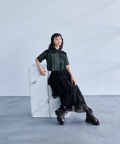 HARE（ハレ）の「プリーツショートシャツ(HARE)（シャツ/ブラウス・レディース・グリーン/ブラック/ホワイト・FREE）」の9枚目の写真