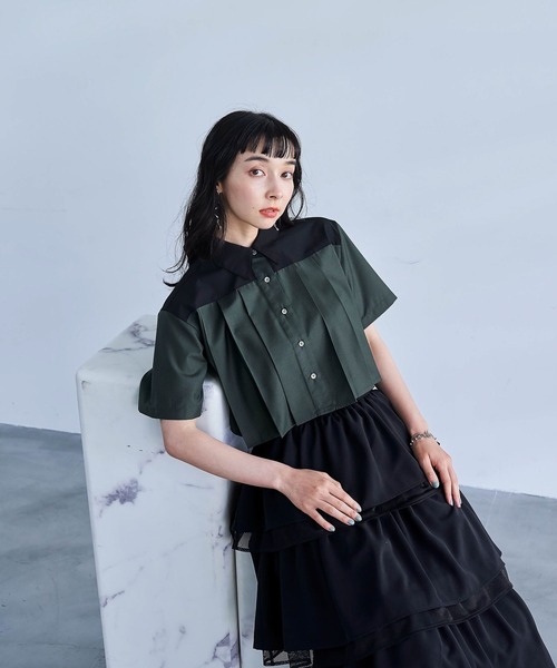 HARE（ハレ）の「プリーツショートシャツ(HARE)（シャツ/ブラウス・レディース・グリーン/ブラック/ホワイト・FREE）」の12枚目の写真