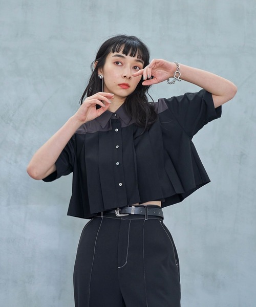 HARE（ハレ）の「プリーツショートシャツ(HARE)（シャツ/ブラウス・レディース・グリーン/ブラック/ホワイト・FREE）」の16枚目の写真