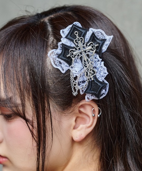 バレッタ　フランス製 レース風 ヘアクリップ 黒 7410r.jpg