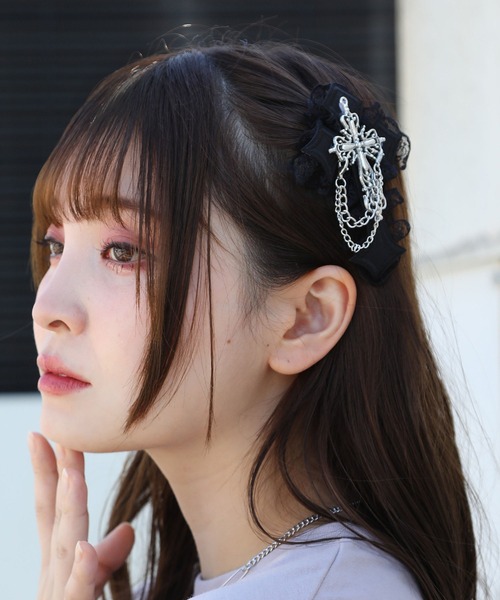 バレッタ　フランス製 レース風 ヘアクリップ 黒 レースクロスデザイン ヘアクリップ（バレッタ/ヘアクリップ