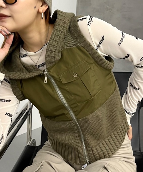 SHAGGIE（シャギー）の「フード付きダブルファスナーニットベスト（ベスト・レディース・ブラック/ナチュラル/カーキ・FREE）」の9枚目の写真