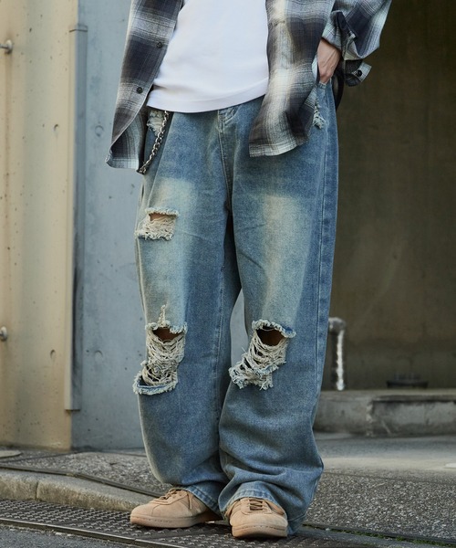 セール】damage denim pants/ダメージデニム クラッシュデニム サイド
