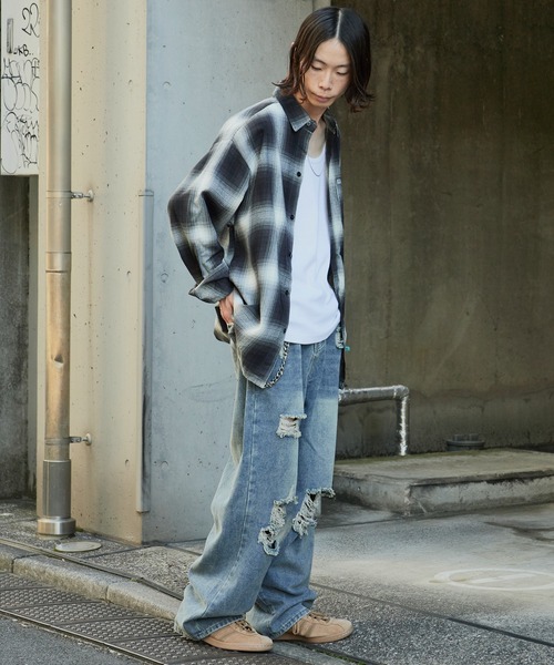 セール】damage denim pants/ダメージデニム クラッシュデニム サイド