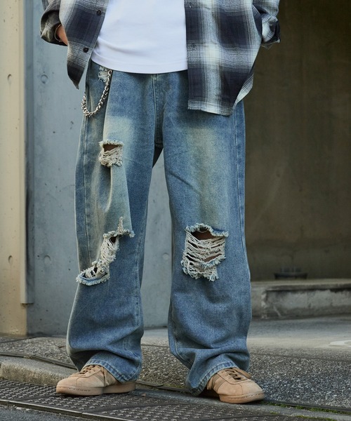 セール】damage denim pants/ダメージデニム クラッシュデニム サイド