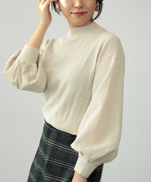 ケーブル編袖布帛ドッキング長袖プルオーバー