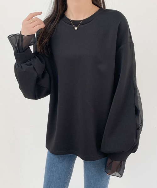 ECLIN(エクラン)の「袖スリットシアーオーガンジードッキングダンボールニットスウェット(スウェット・レディース・ブラック/ホワイト/ブラウン・M/L)」の17枚目の写真