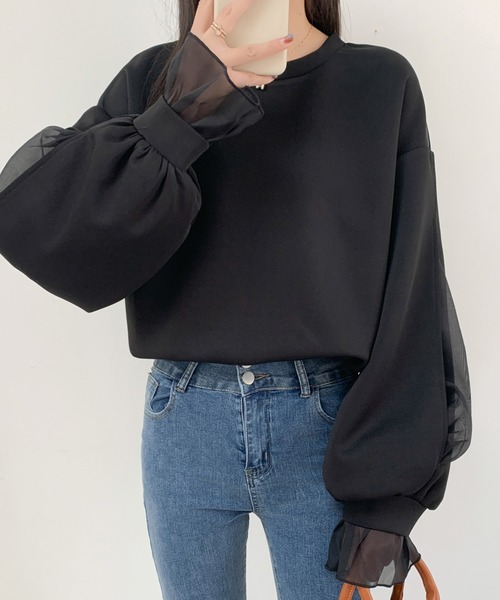 ECLIN(エクラン)の「袖スリットシアーオーガンジードッキングダンボールニットスウェット(スウェット・レディース・ブラック/ホワイト/ブラウン・M/L)」の7枚目の写真