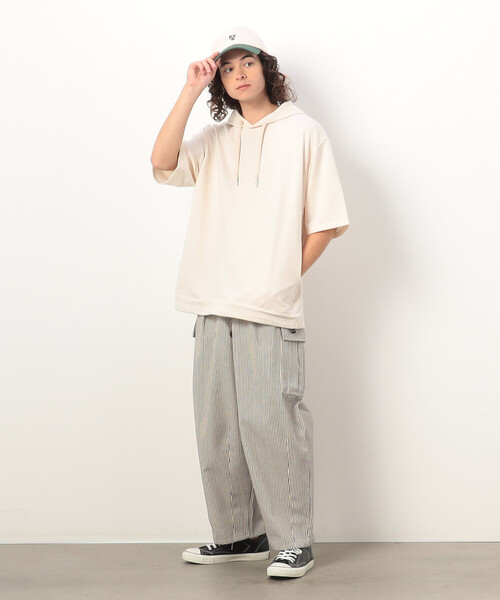 Purple&Yellow（パープルアンドイエロー）の「ドローストリング５分袖 パーカ（パーカー・メンズ・ブラック/アイボリー/ピンク・MEDIUM/LARGE/X-LARGE/SMALL）」の4枚目の写真