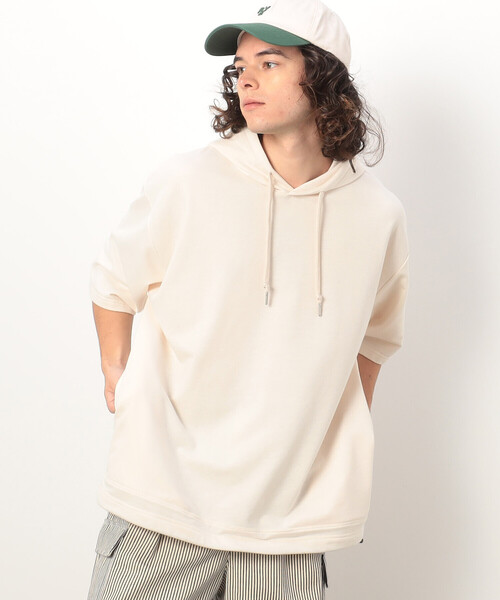 Purple&Yellow（パープルアンドイエロー）の「ドローストリング５分袖 パーカ（パーカー・メンズ・ブラック/アイボリー/ピンク・MEDIUM/LARGE/X-LARGE/SMALL）」の6枚目の写真