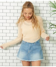 リブニットタイトヘンリーネックトップス