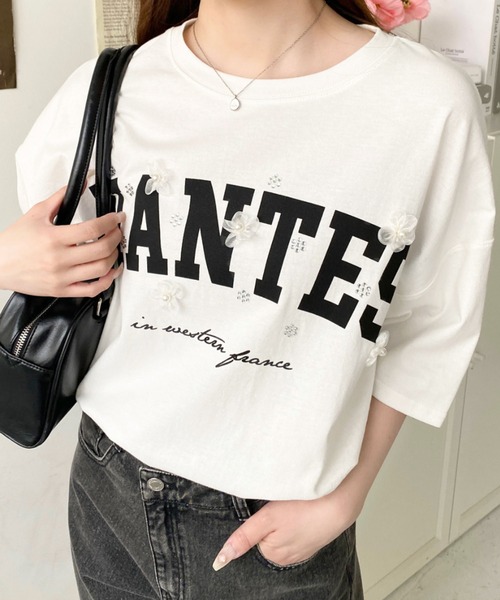 OFF-WHITE フラワー刺繍 × ビジュー 半袖 Tシャツ セール】ビジュー&フラワーモチーフ付きカレッジロゴプリント