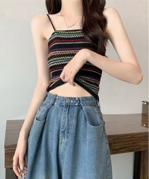 kirakiraShop（キラキラショップ）の「マルチ ボーダー ショート ニット キャミソール（キャミソール・レディース・ブラック/レッド/ブラウン/パープル/ブルー・FREE）」の7枚目の写真