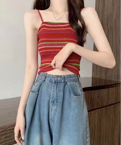 kirakiraShop（キラキラショップ）の「マルチ ボーダー ショート ニット キャミソール（キャミソール・レディース・ブラック/レッド/ブラウン/パープル/ブルー・FREE）」の15枚目の写真