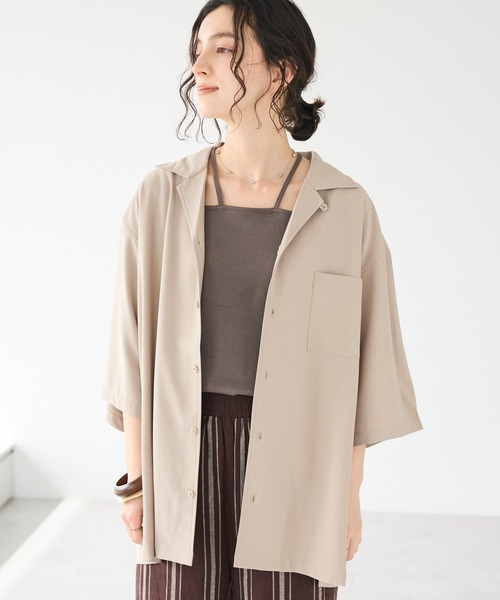 CRAFT STANDARD BOUTIQUE(クラフトスタンダードブティック)の「接触冷感/抗菌防臭/イージーケア /オープンカラーシャツ(シャツ/ブラウス・レディース・ブラウン/アイボリー/ブラック/グレイッシュベージュ/ブルーグリーン・S/M/L/XL)」の1枚目の写真