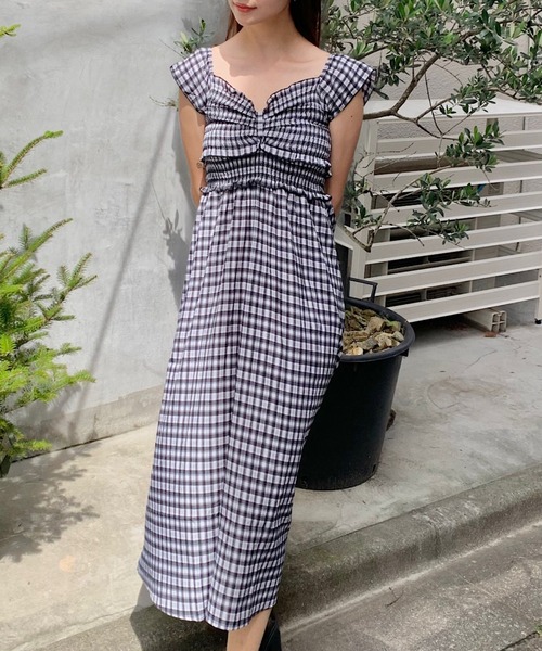 Teem Store(チームストア)の「ギンガムチェック フリル オフショルダーロングワンピース(ワンピース・レディース・ブラック・F)」の18枚目の写真