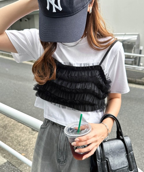 andme(アンドミー)の「チュールリボン2wayキャミソールビスチェ(キャミソール・レディース・ブラック/チャコールグレー/アイボリー・M)」の8枚目の写真