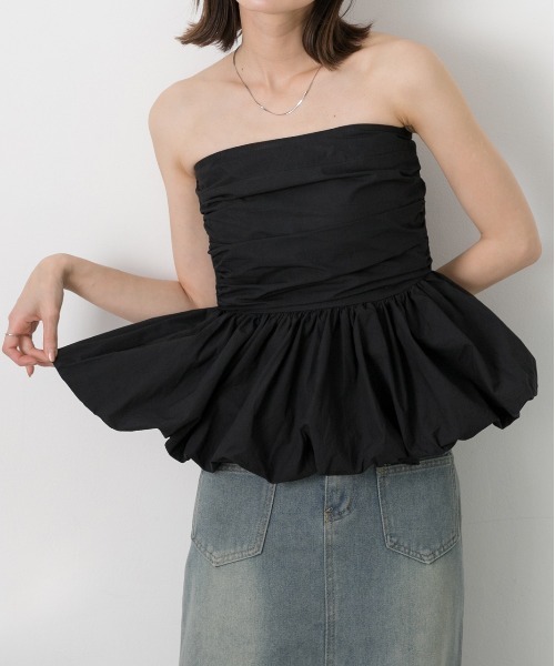 最終価格 cygne ♡ ビスチェ Annie ペプラムベアトップ t 黒 ad thie（アドティエ）の「ベアバルーン ペプラムビスチェ