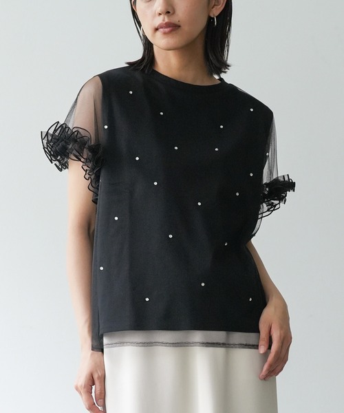 mili an deni(ミリアンデニ)の「ビジューチュールレイヤードTシャツ(Tシャツ/カットソー・レディース・ブラック/オフホワイト・M)」の1枚目の写真