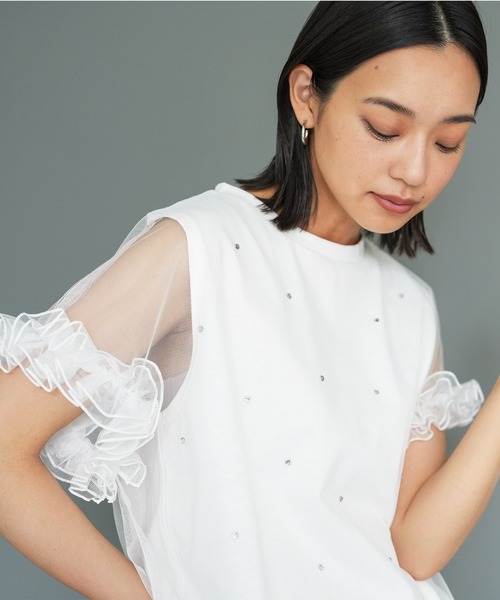 mili an deni(ミリアンデニ)の「ビジューチュールレイヤードTシャツ(Tシャツ/カットソー・レディース・ブラック/オフホワイト・M)」の3枚目の写真