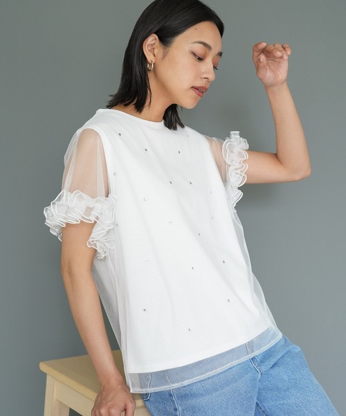 mili an deni(ミリアンデニ)の「ビジューチュールレイヤードTシャツ(Tシャツ/カットソー・レディース・ブラック/オフホワイト・M)」の4枚目の写真