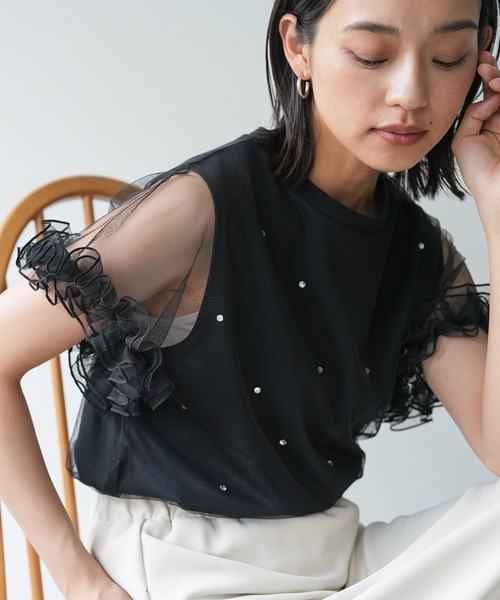 mili an deni(ミリアンデニ)の「ビジューチュールレイヤードTシャツ(Tシャツ/カットソー・レディース・ブラック/オフホワイト・M)」の8枚目の写真