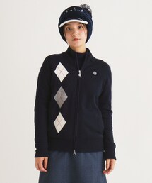 ◆フルジップ アーガイルデザイン 長袖ニットアウター