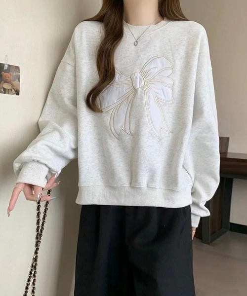 SpRay(スプレイ)の「リボンサテン刺繍スウェット(スウェット・レディース・ブラック/オートミール・FREE)」の9枚目の写真