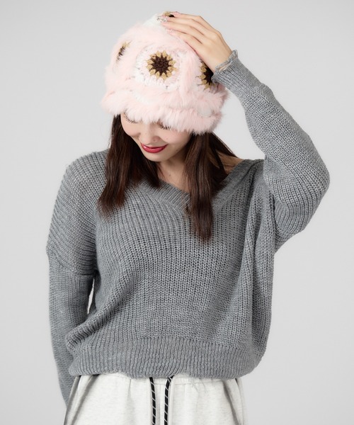 ROOPTOKYO（ループトウキョウ）の「ファー 花柄バケットハット（ハット・レディース・ホワイト系2/ホワイト系/ホワイト系5/ホワイト系3/ピンク系/ホワイト系4・FREE）」の6枚目の写真